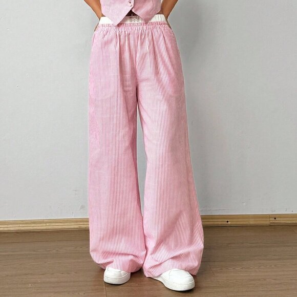 Multicolor Casual Women's Striped Sleeveless V-Neck Top And Pocket Pants Set - Picture 4 of 6